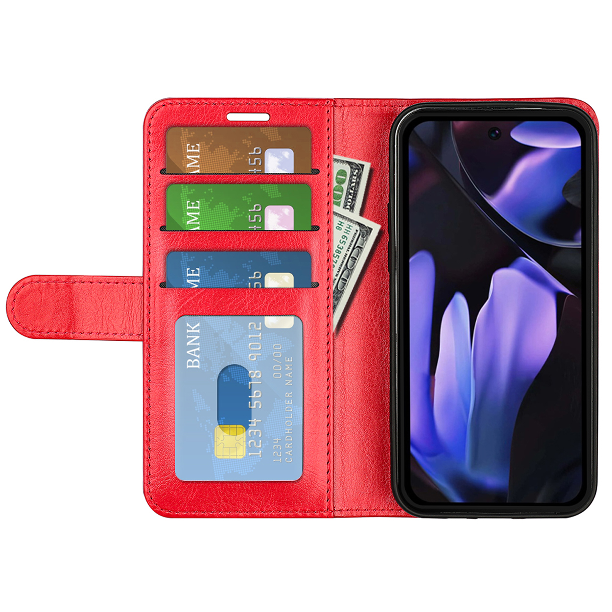 Rode telefoonhoes geopend om telefoon, kaarten en contant geld weer te geven. De telefoon heeft een paarse achtergrond.