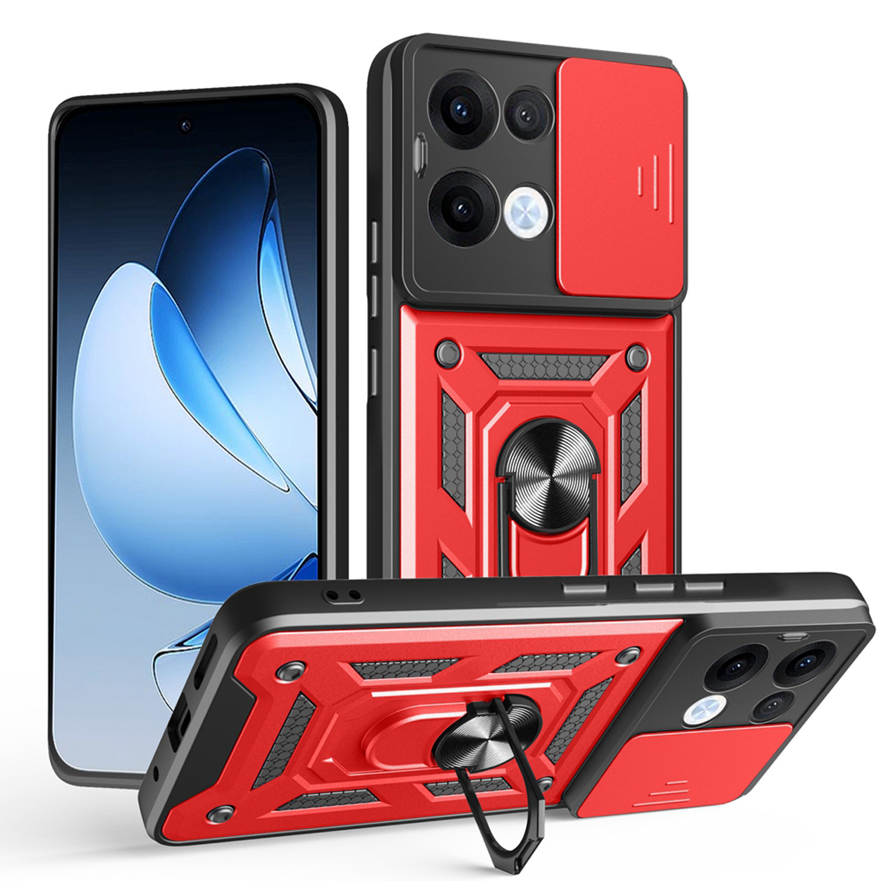 Trois étuis de téléphone: rouge, noir. Un avec anneau. Écrans visibles. Étuis avec caches caméra.