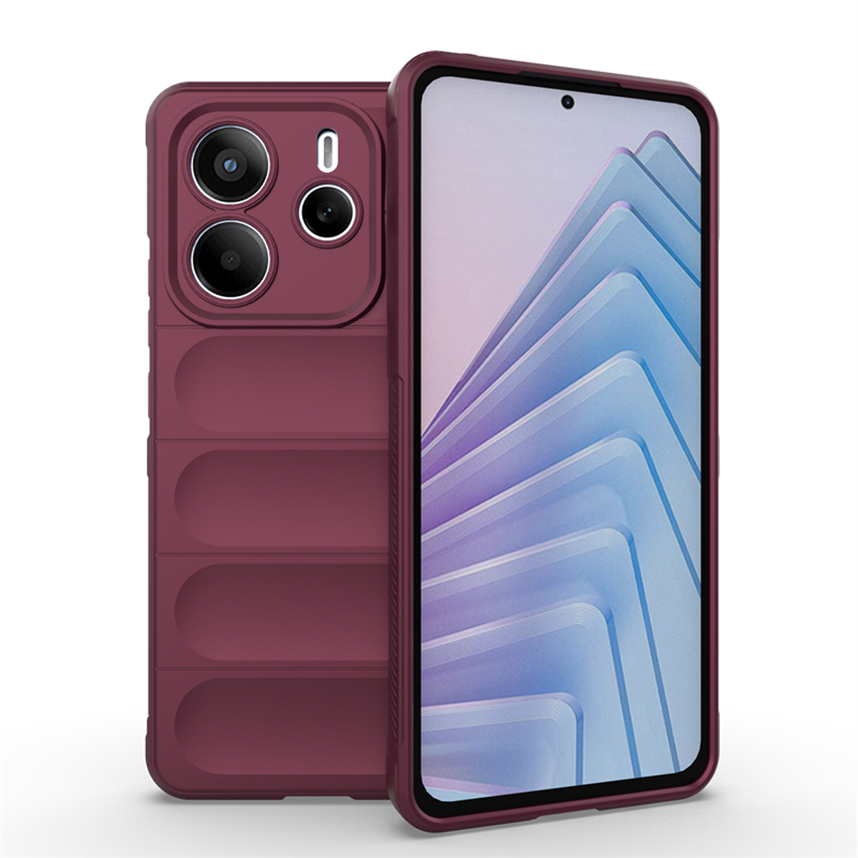 Bordeaux telefoonhoesje met een telefoon erin. De hoes heeft ribbels en een camera-uitsparing. Scherm zichtbaar.