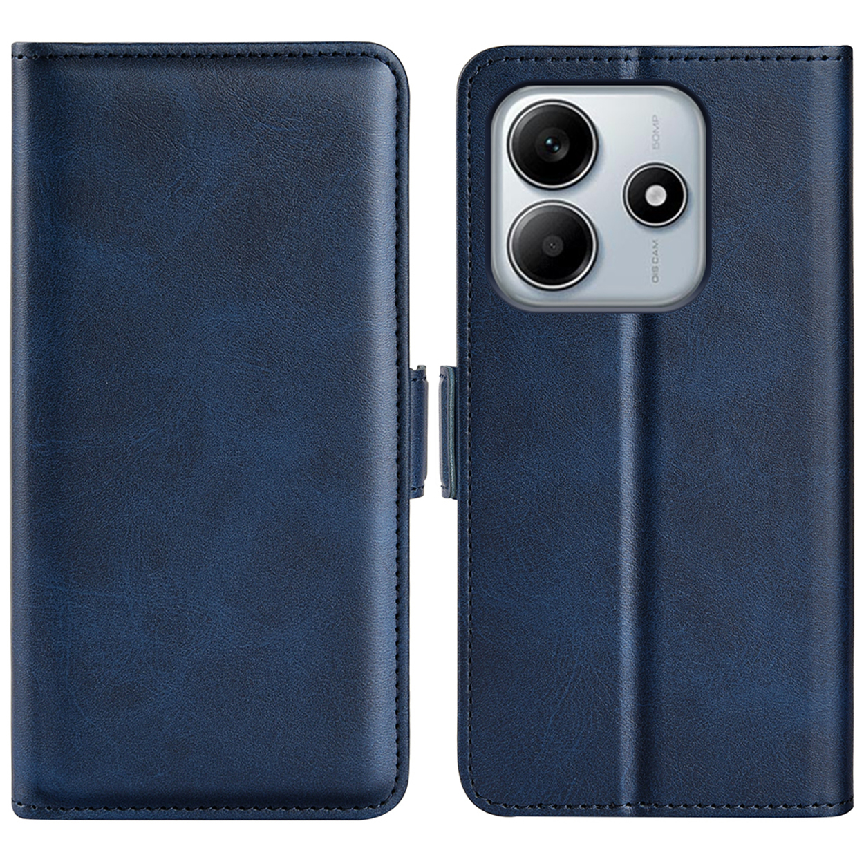 Étui de téléphone bleu, fermé. En cuir. Fermoir visible. Vues avant et arrière montrées.