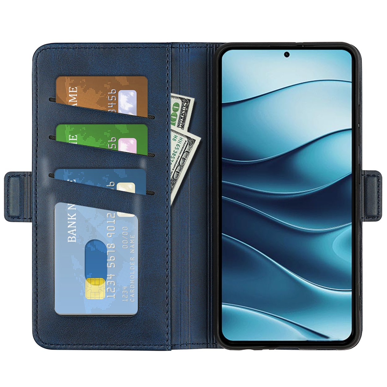 Étui portefeuille bleu, ouvert, avec cartes, argent et un téléphone affichant un écran bleu.