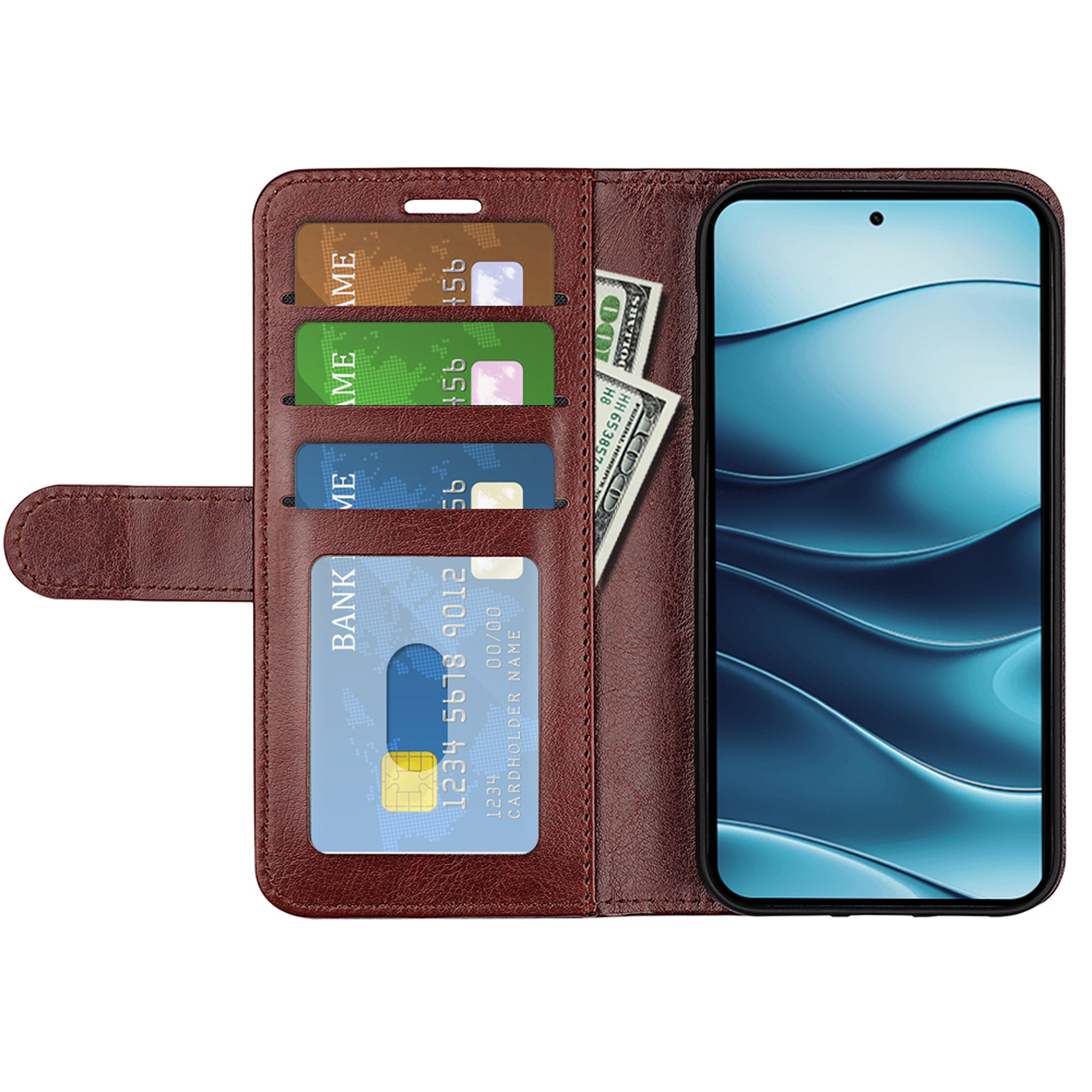 Étui portefeuille marron, ouvert, avec cartes, argent et un téléphone affichant un écran bleu.