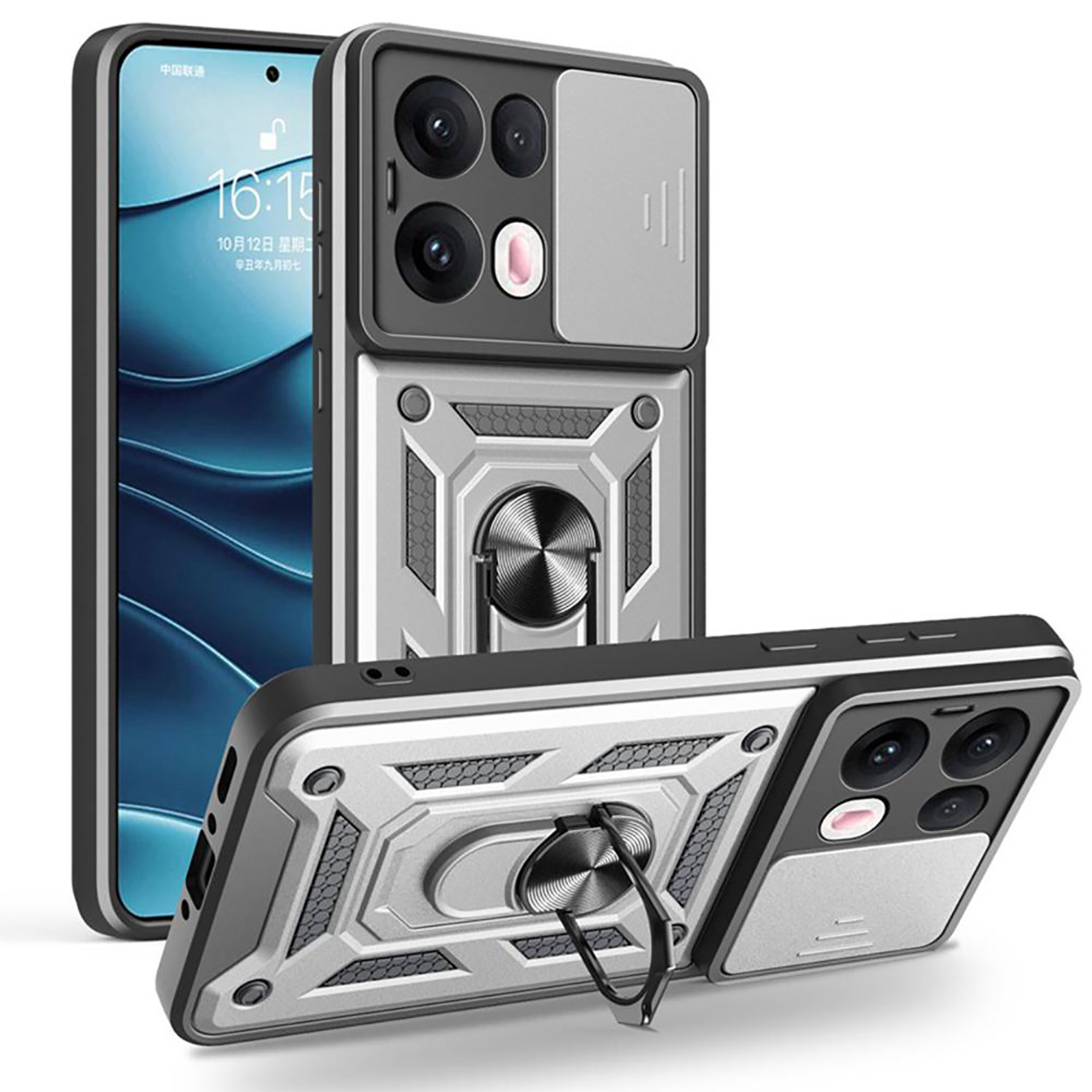 Zilver-grijze telefoonhoes met een ringhouder en schuif. De telefoon zit in de hoes.