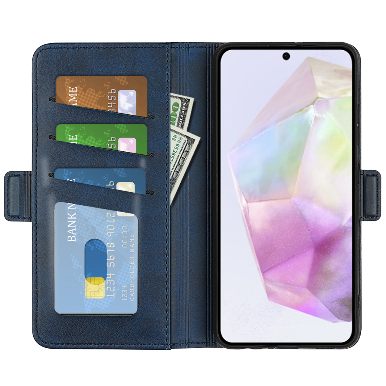 Blauwe portemonnee telefoonhoes, open, met kaarten, contant geld en een telefoon met een kleurrijk scherm.