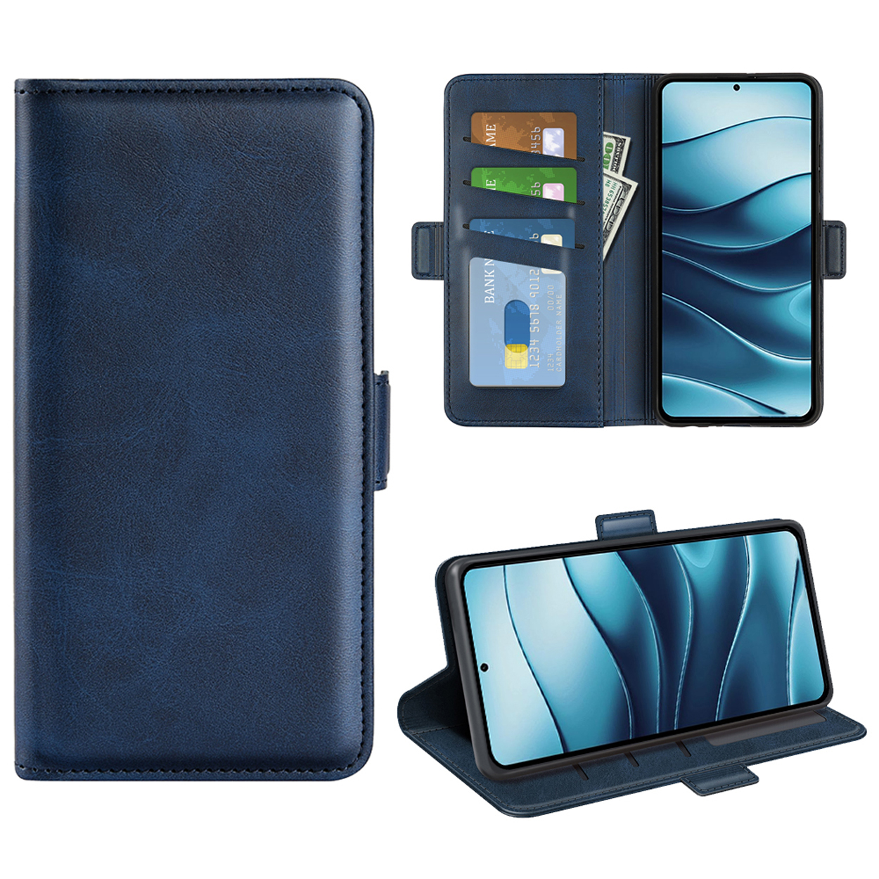 Étui portefeuille bleu ouvert. Téléphone avec écran bleu. Cartes et argent dans les fentes. Plusieurs vues.