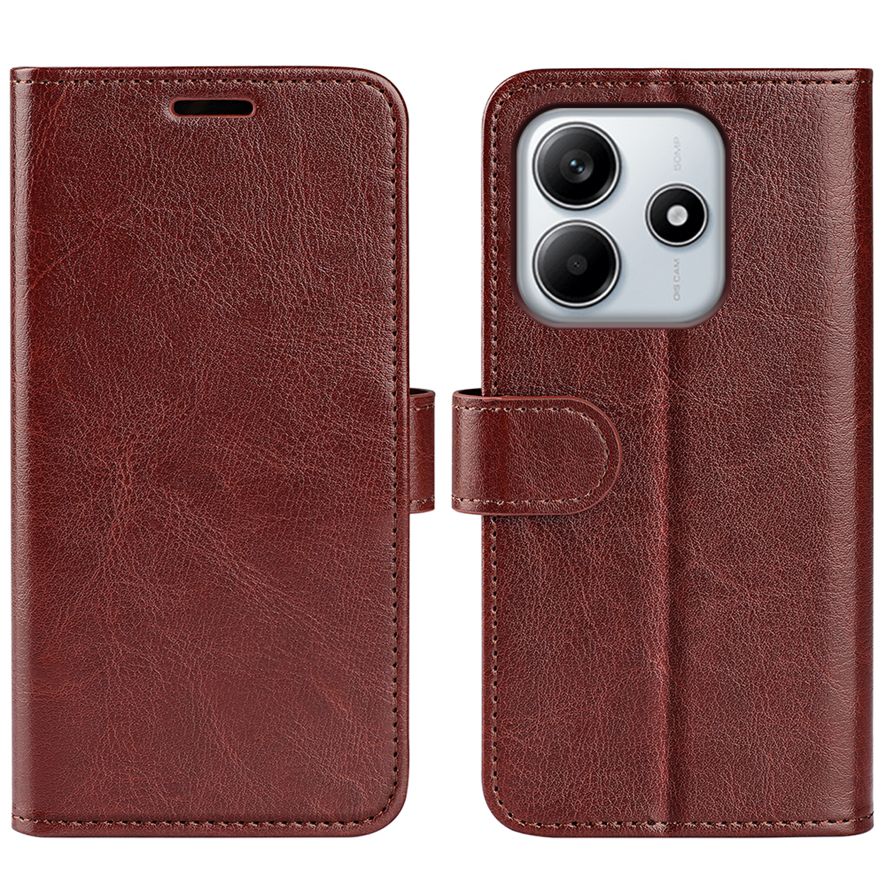 Étui de téléphone en cuir marron, ouvert et fermé. Téléphone visible dans l'étui ouvert.