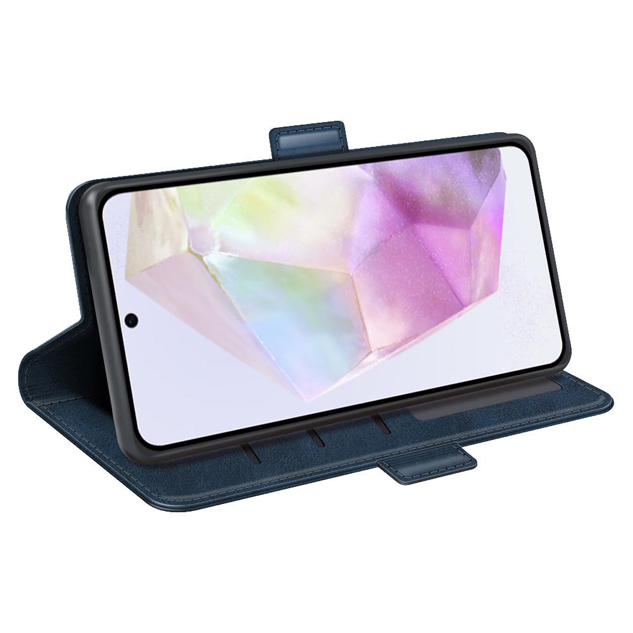 Blauwe portemonnee telefoonhoes, open, met de telefoon erin, met een kleurrijk scherm.