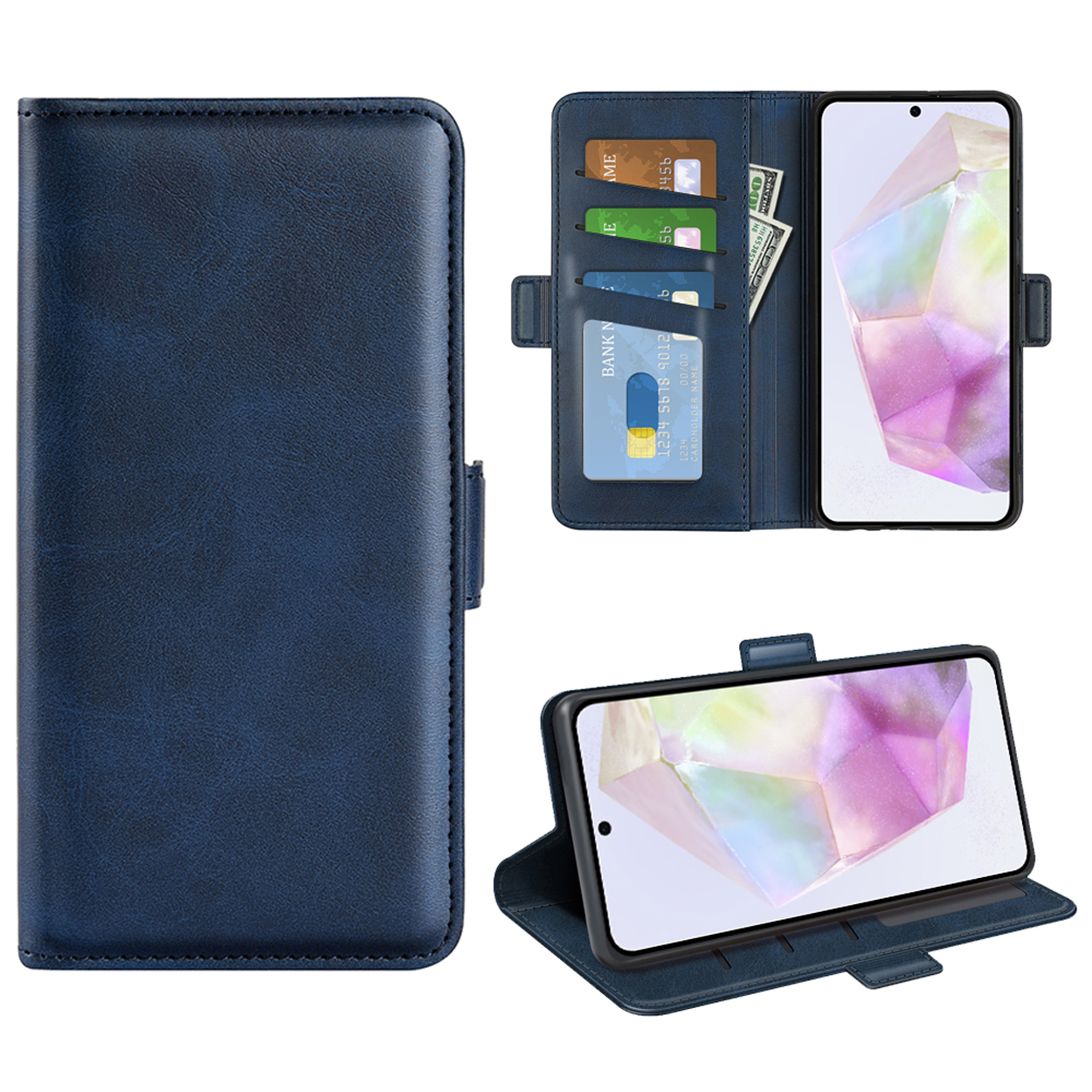 Blauwe portemonnee telefoonhoes, open, met kaarten, contant geld en een telefoon met een kleurrijk scherm.