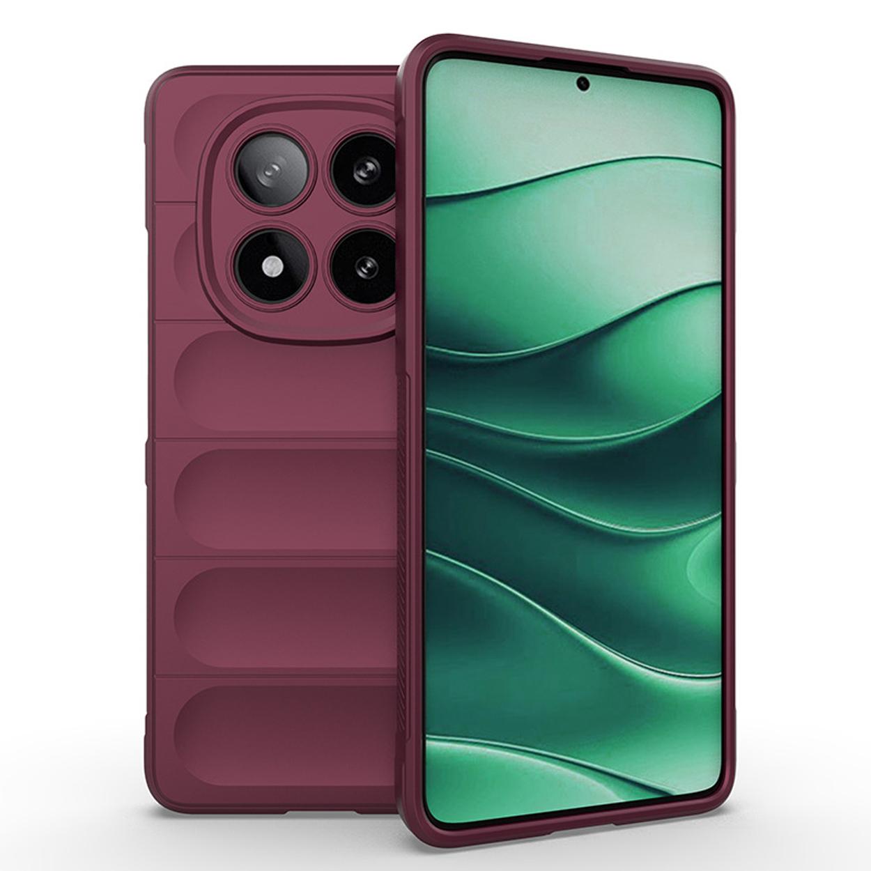 Bordeaux telefoonhoes met een telefoon erin. De hoes heeft een textuur.