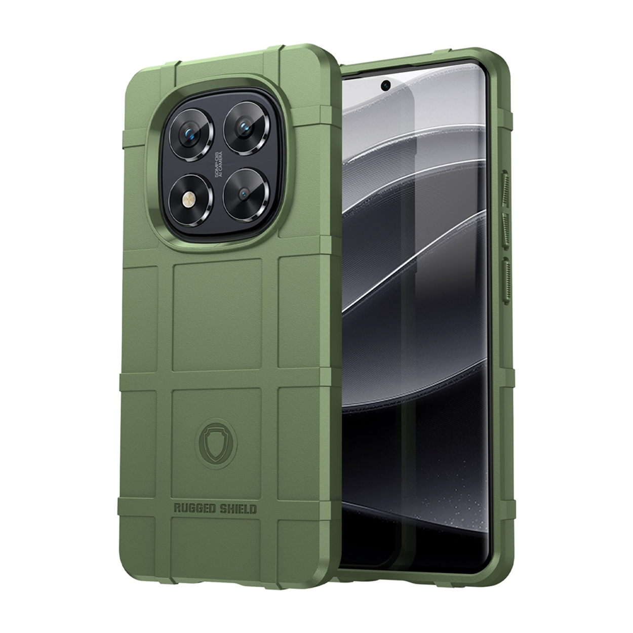 Groene robuuste telefoonhoes op een witte achtergrond. De telefoon zit in de hoes.