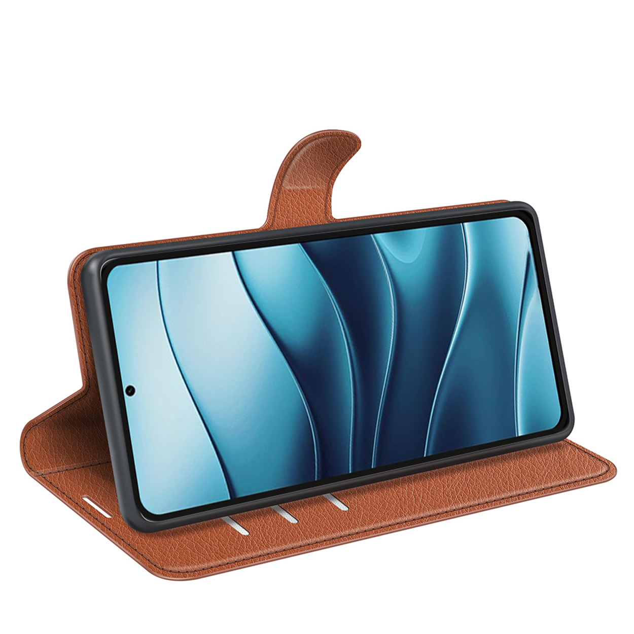 Bruine leren telefoonhoes, open. Telefoonscherm toont blauw golvend patroon.
