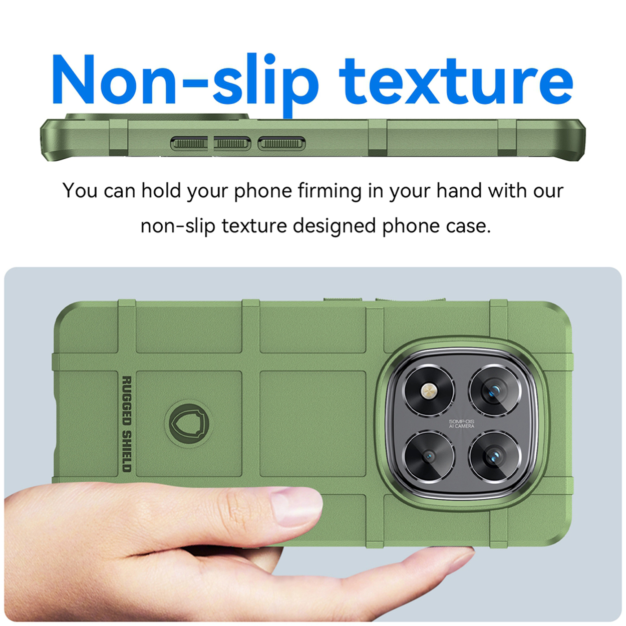 Groene telefoonhoes, schuine weergave. Tekst bovenaan: Antislip textuur. Telefoon in de hand.