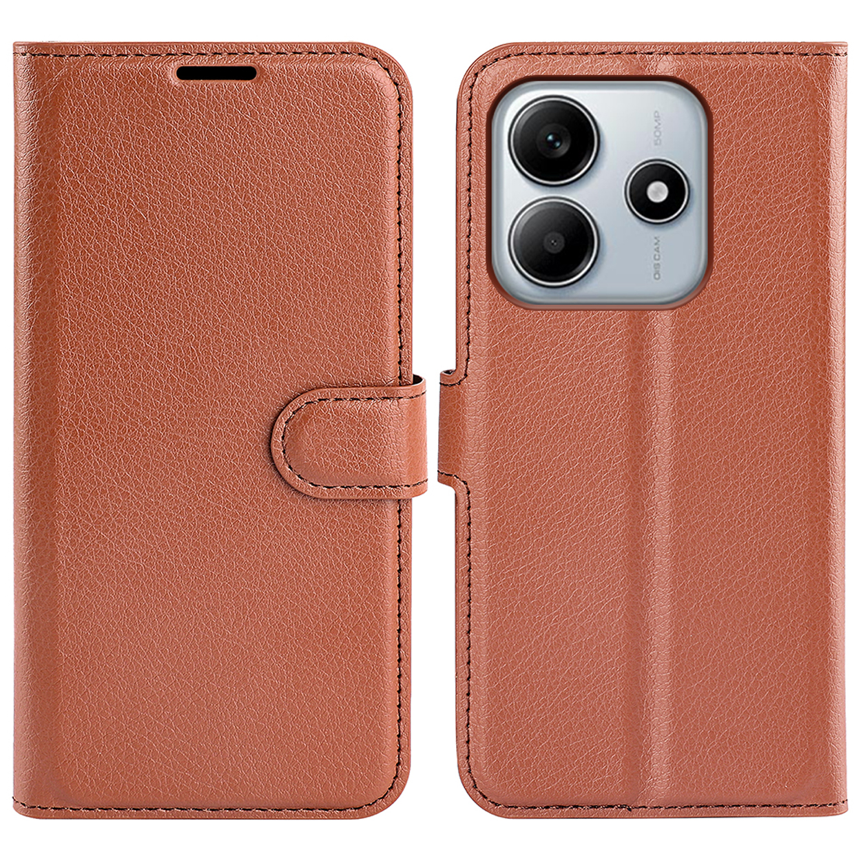Bruine leren telefoonhoes, open en dicht. Telefoon zichtbaar in de open hoes.