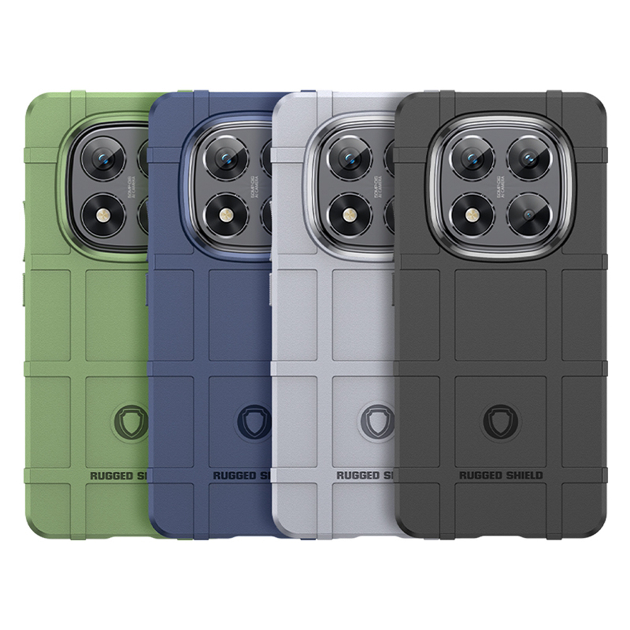 Vier telefoonhoesjes in verschillende kleuren: groen, blauw, grijs en zwart. Robuust ontwerp.