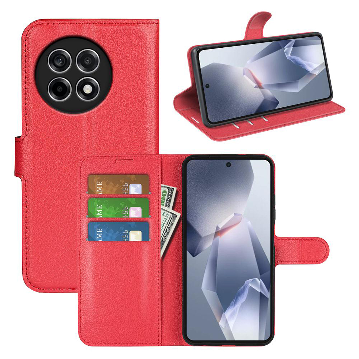 Rode telefoonhoes met kaartsleuven en geld. Telefoon in hoes. Toont een telefoon in de hoes.
