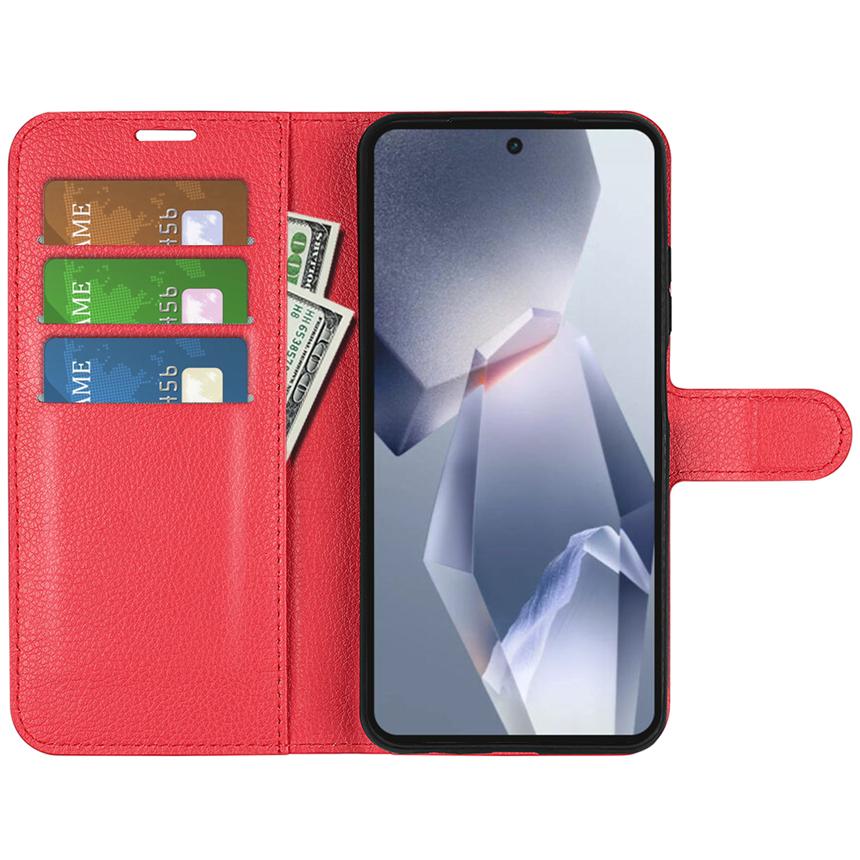 Rode leren telefoonhoes, open. Telefoon erin, kaarten en geld zichtbaar.