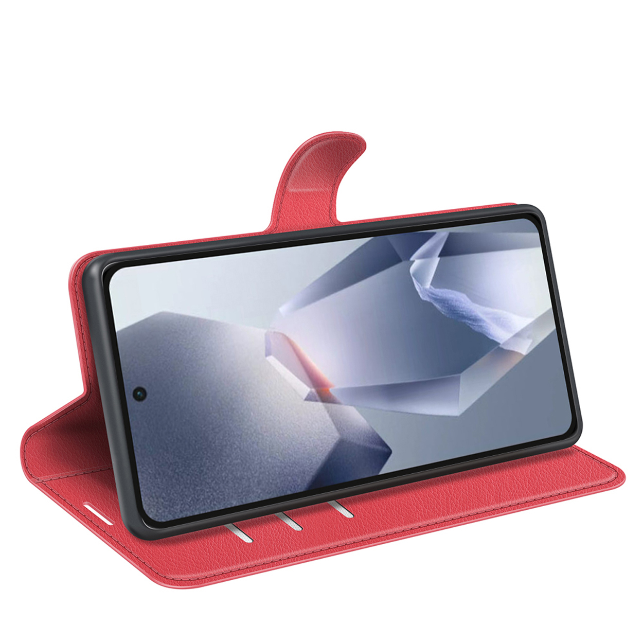 Rode leren telefoonhoes, open. Telefoonscherm toont een blauwe en witte achtergrond.