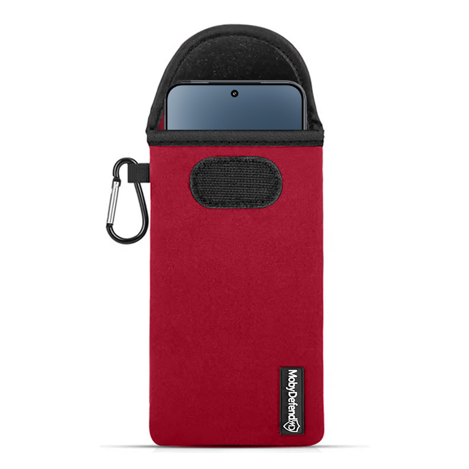 Une housse de téléphone rouge avec un dessus noir et un mousqueton argenté.