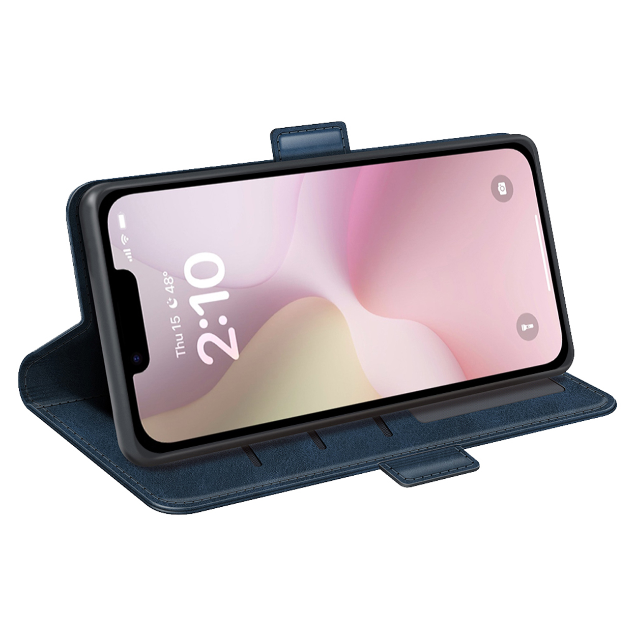 Een blauwe telefoonhoes, schuin, met een telefoon die tijd en een roze achtergrond laat zien.