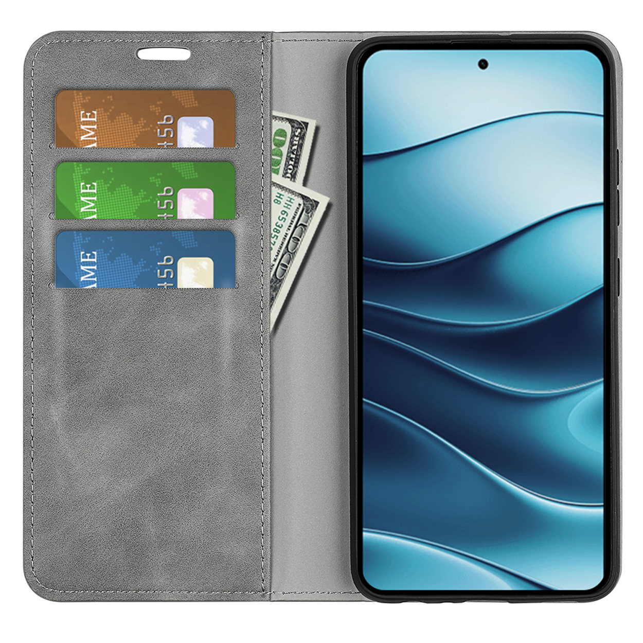 Een grijze telefoonhoes open, met een telefoonscherm, kaartsleuven en contant geld.