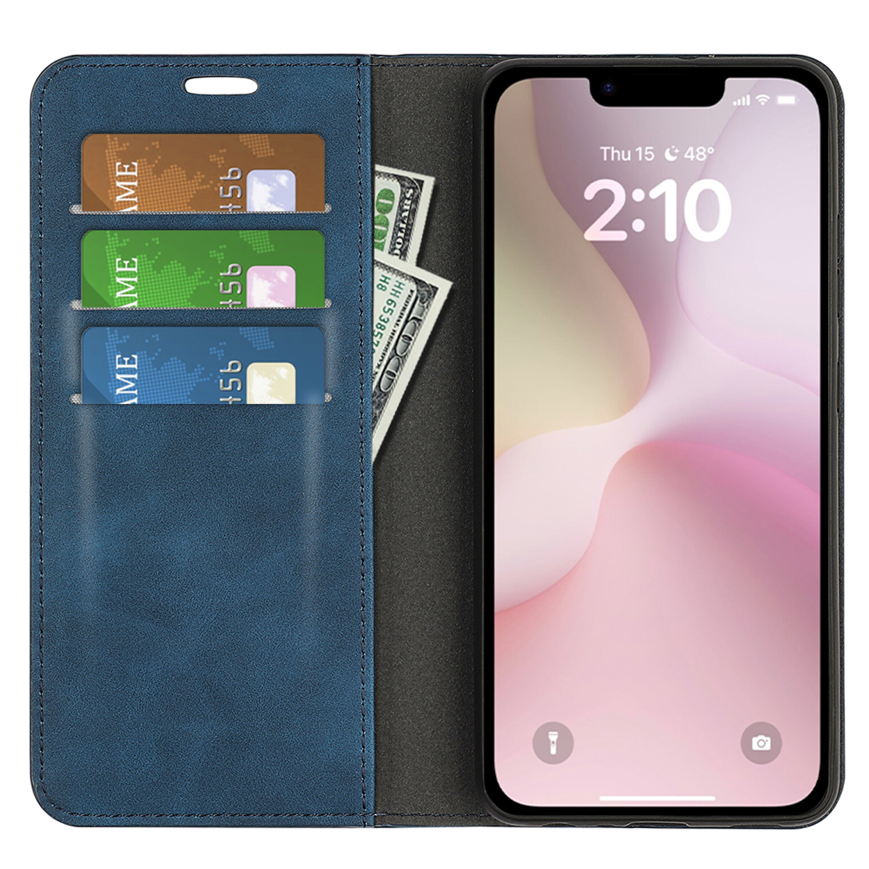 Blauwe telefoonhoes, binnenin drie kaartsleuven en dollarbiljetten. Telefoon toont tijd en datum.