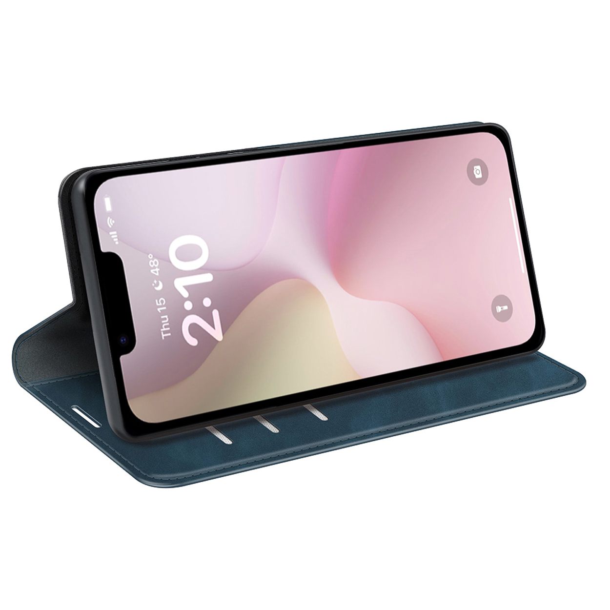 Een blauwe telefoonhoes met een telefoon die tijd en een roze achtergrond laat zien, schuin.