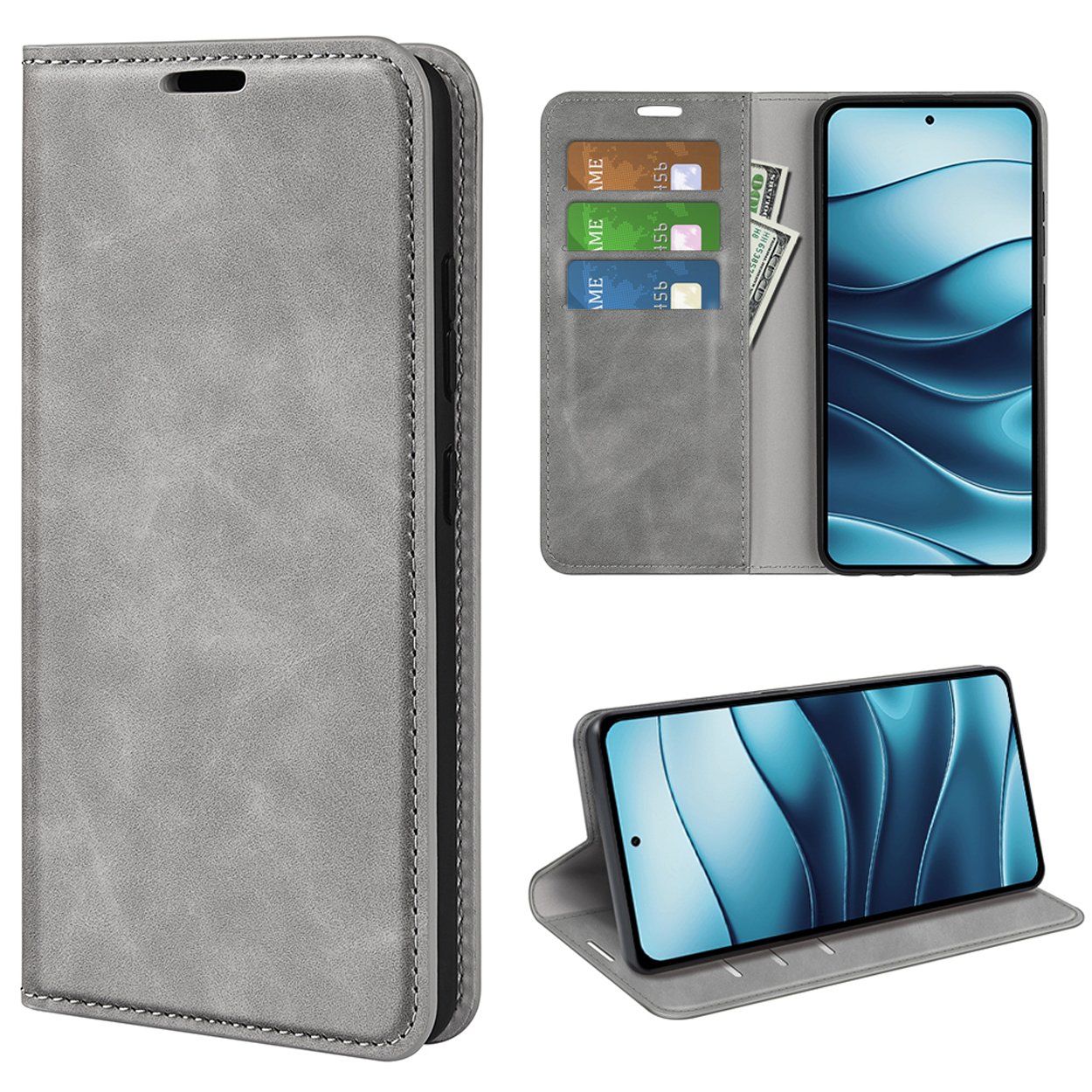 Drie afbeeldingen. Een telefoonhoesje met telefoon, kaarten en geld, en een telefoon in een standaard.
