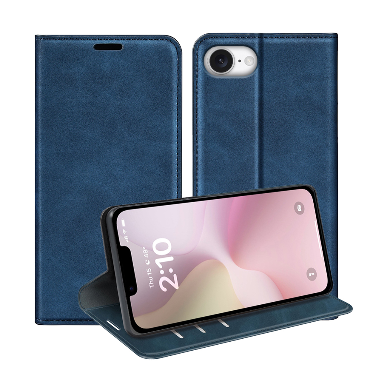 Blauwe telefoonhoes met een telefoon die tijd en een roze achtergrond laat zien, schuin, met een gesloten hoes.