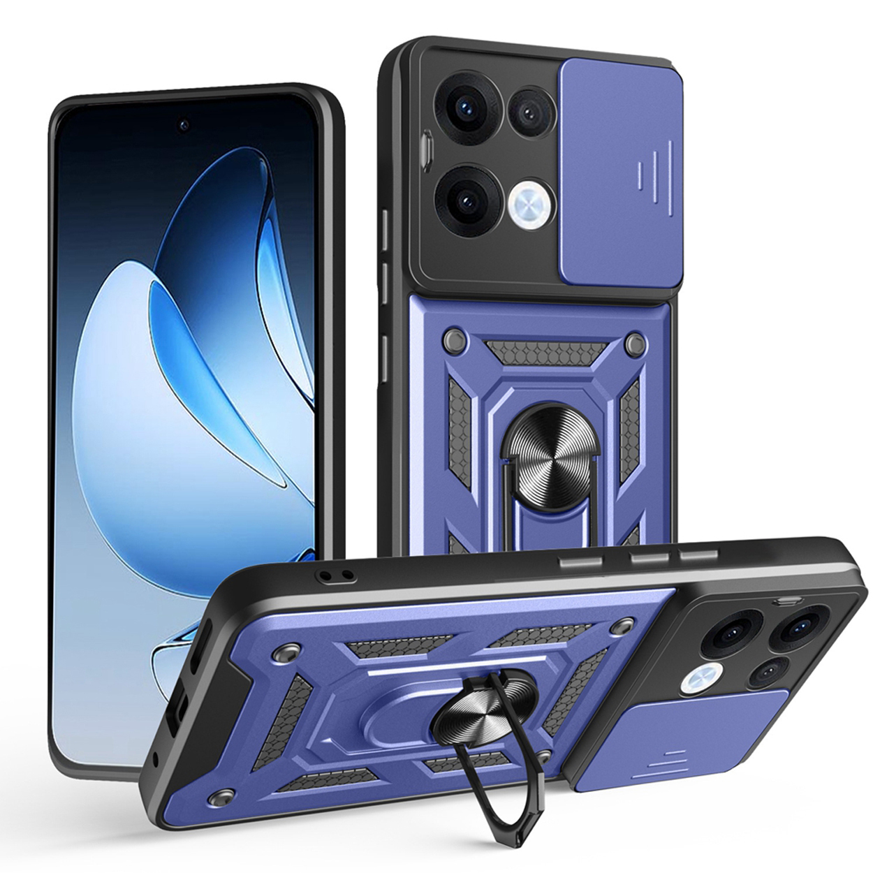 Blauwe telefoonhoes met een ringstandaard. Drie schuine aanzichten.