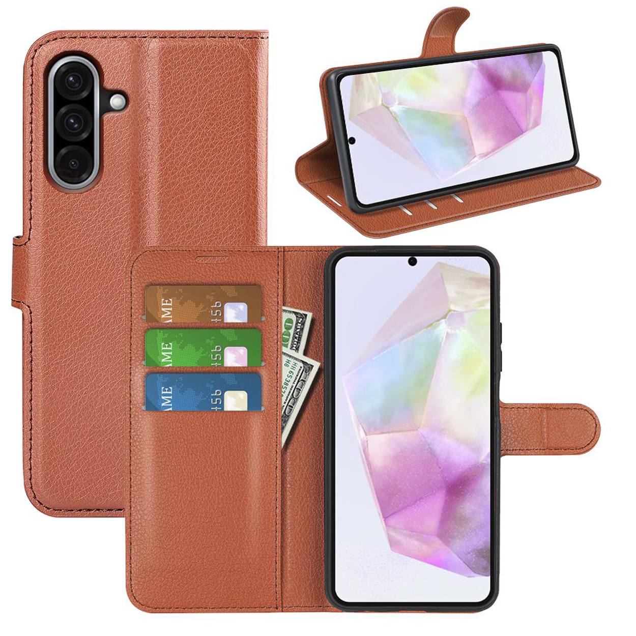 Bruine telefoonhoes, open, met kaarten en geld. Telefoon schuin, met een kleurrijke achtergrond.