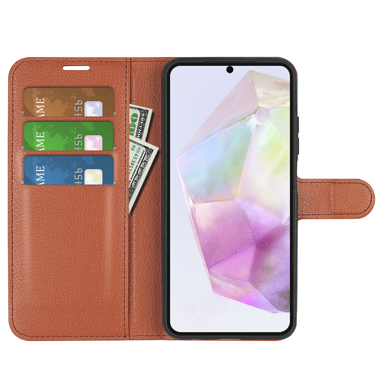 Telefoonhoes met kaarten en geld. Telefoon toont een kleurrijke afbeelding.