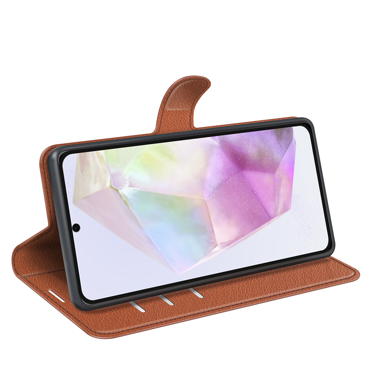 Bruine telefoonhoes, schuin, met een telefoon die een kleurrijke achtergrond laat zien.