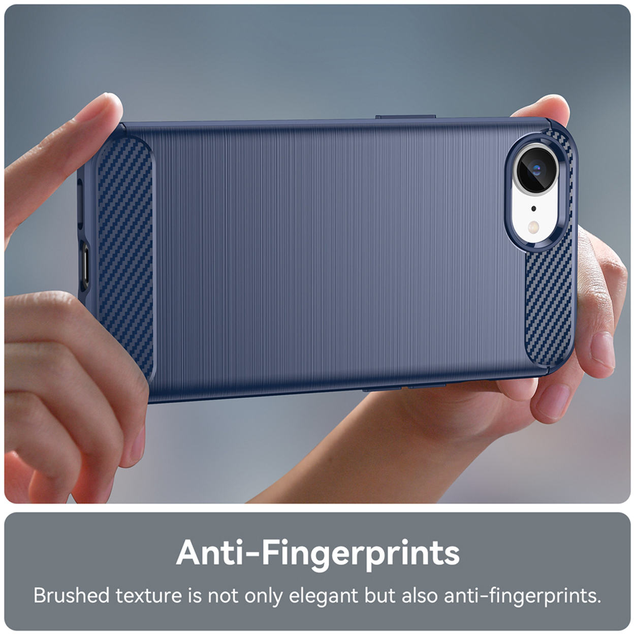 A hand holds a dark blue phone case with a textured surface. The phone is not visible.