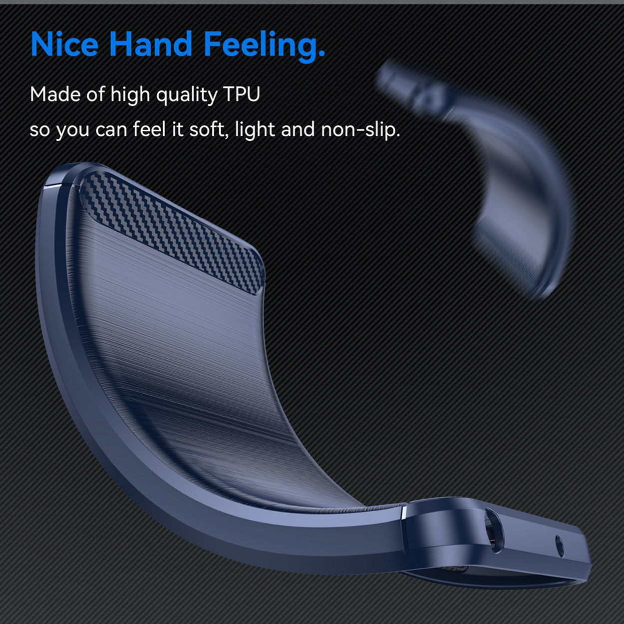 Blue phone case with carbon fiber texture.