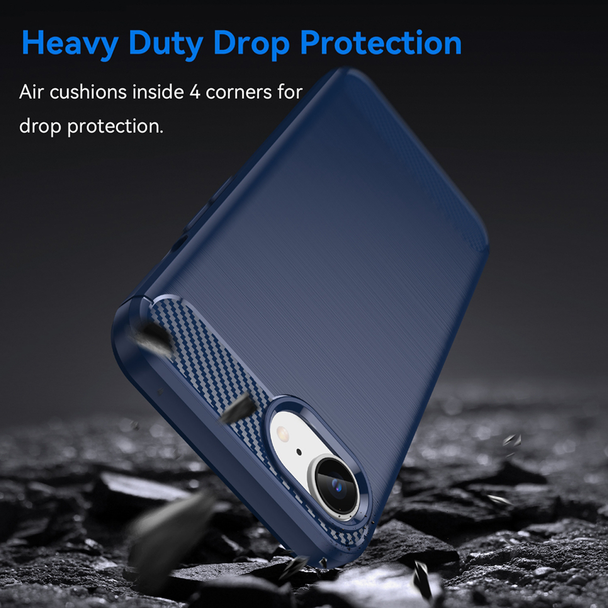 Blue phone case. Case is positioned in a dynamic angle, with dark background and debris.