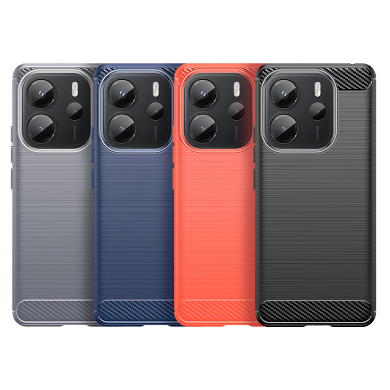 Vier telefoonhoesjes in grijs, blauw, oranje en zwart. Allemaal zijn ze gevoerd met een koolstofvezeltextuur.