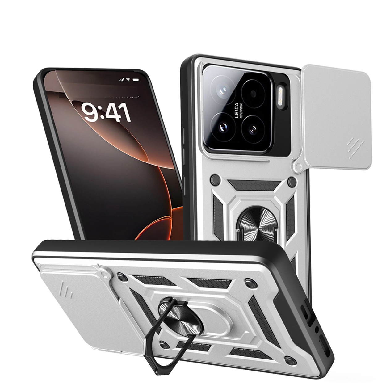 Een telefoon in een zilveren en zwarte hoes, met een scherm dat 9:41 toont. Een andere hoes is erachter, open.