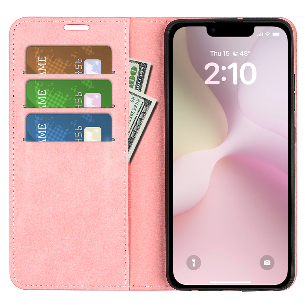 Pink phone case, open, with a phone inside, holding cards and dollar bills.