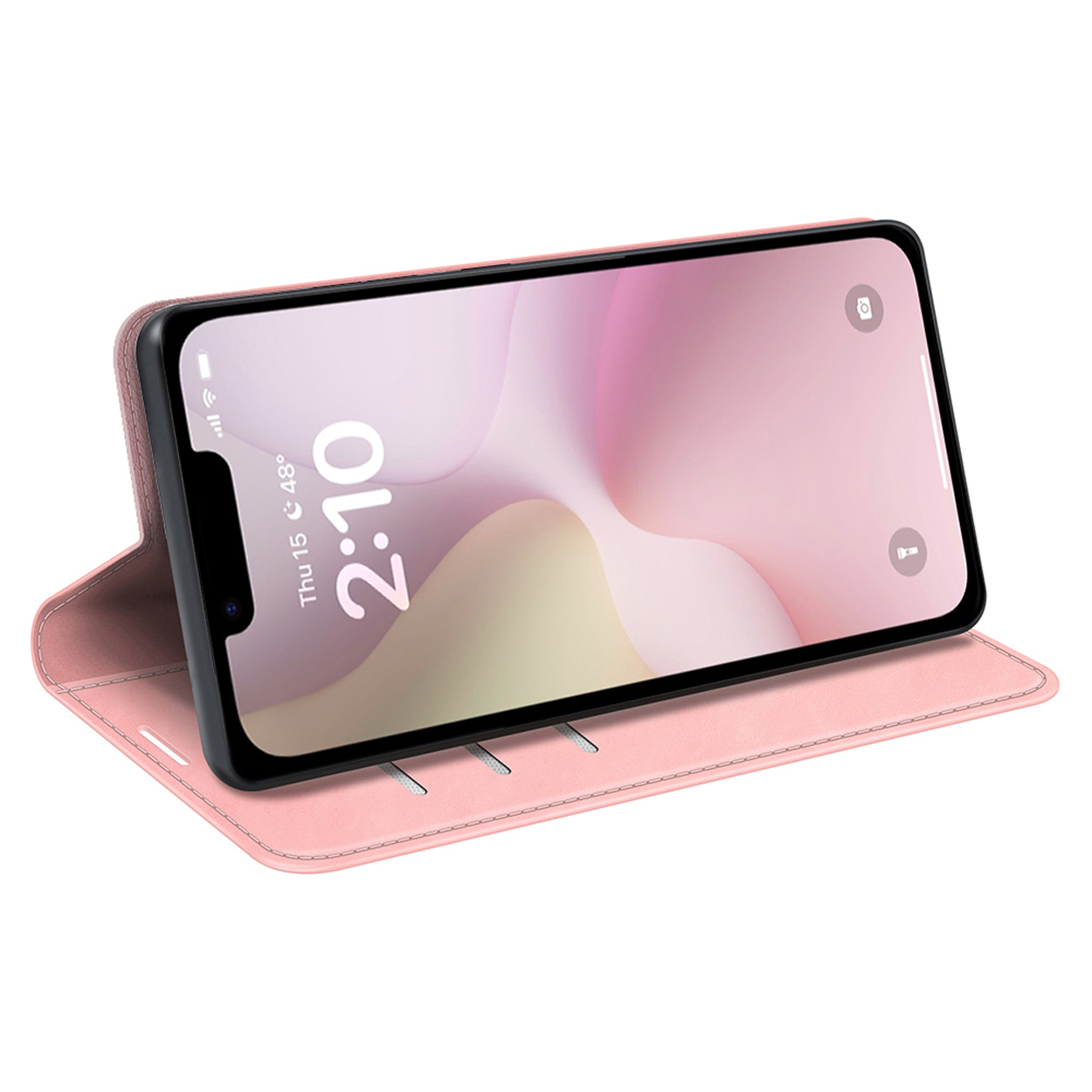 Pink phone case. Phone screen shows time, date, and pink wallpaper. Open and in a stand.