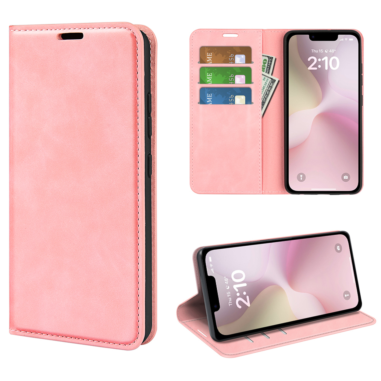 A pink phone case showing a phone with cards and money inside, open and closed, with a time on screen.