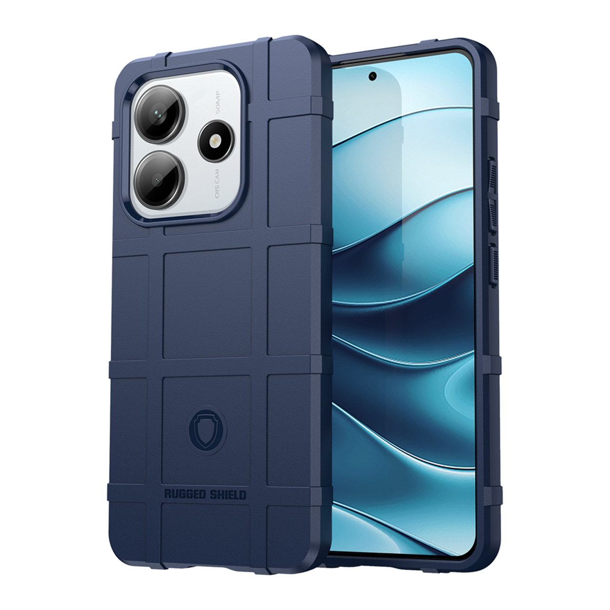 Blauwe telefoonhoes met een robuust ontwerp.