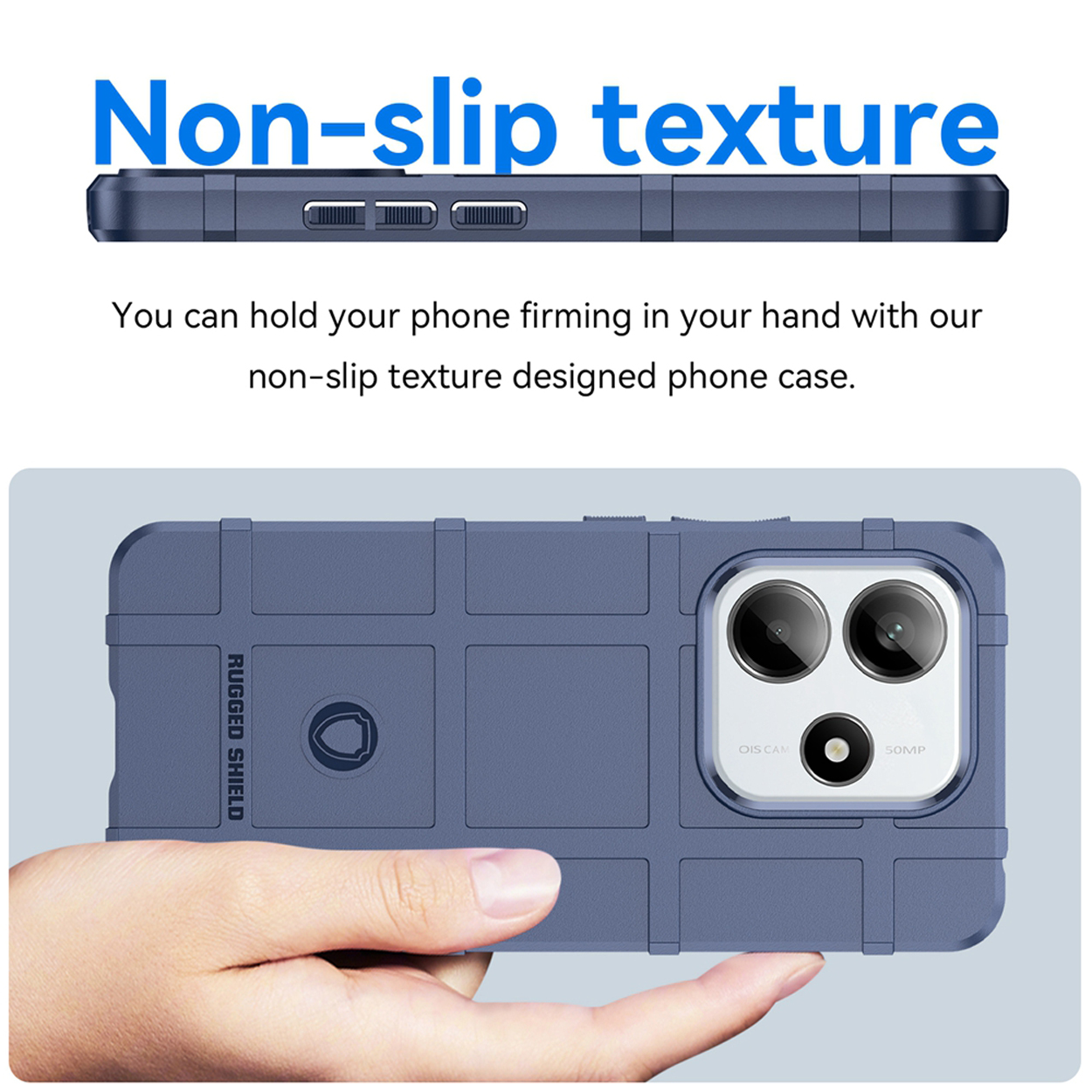 Een donkerblauwe telefoonhoes met een textuur. Een hand houdt de hoes vast, de camera van de telefoon is zichtbaar.