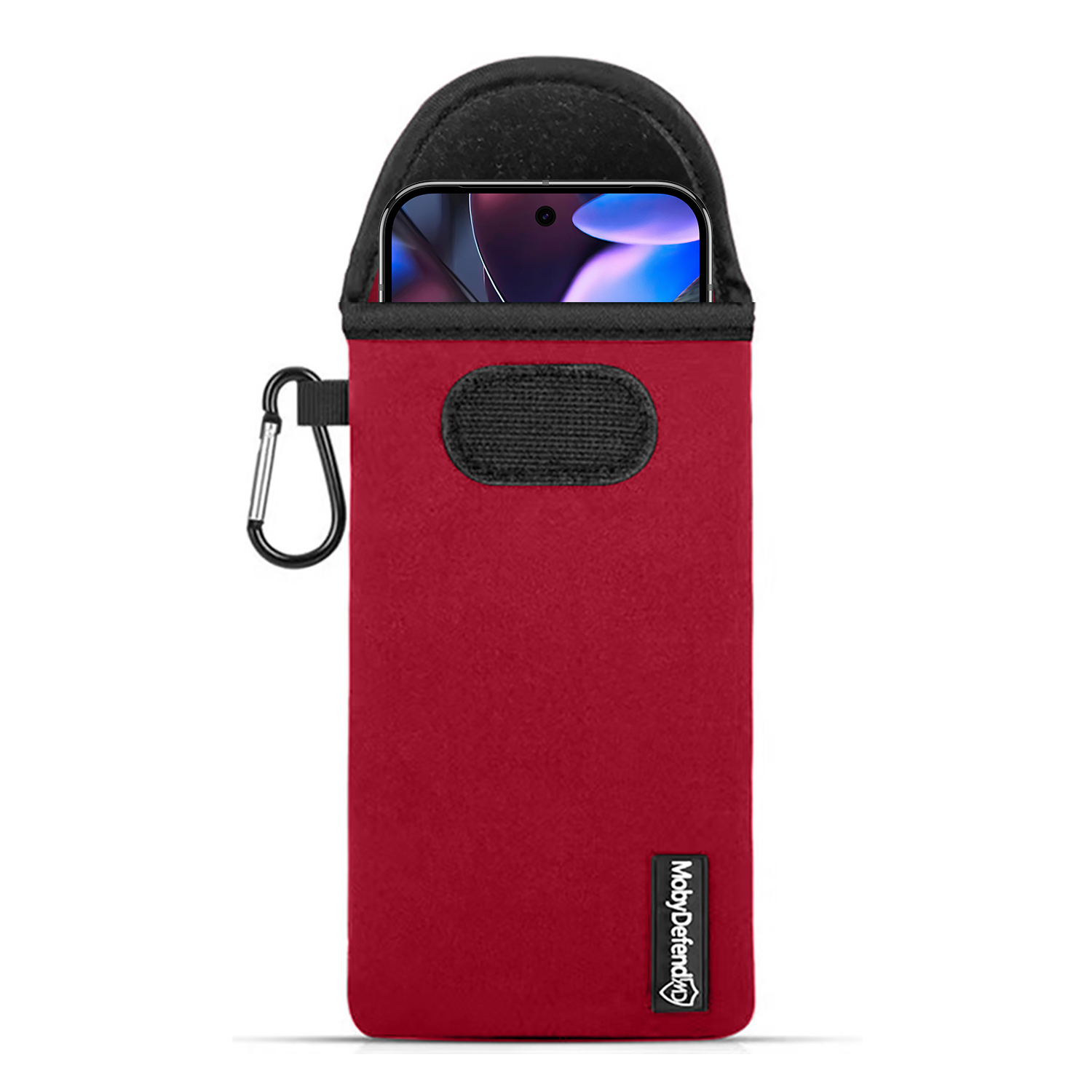 Rode telefoonhoes met karabijnhaak.