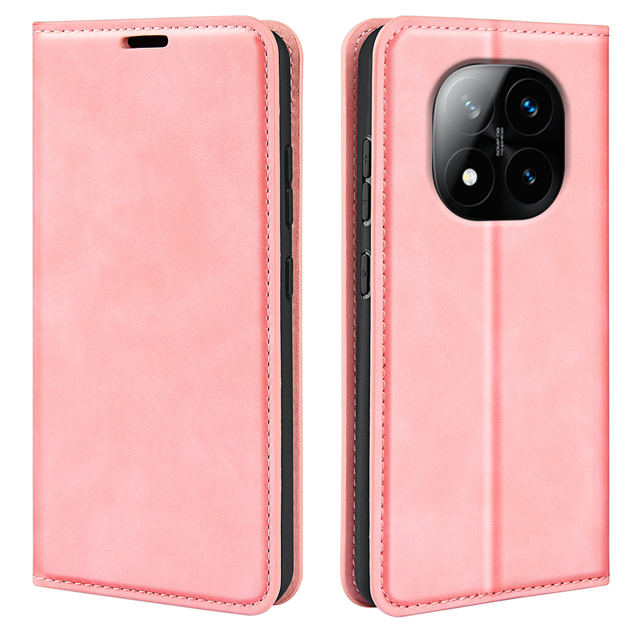Roze telefoonhoes, open. Telefoon staat rechts. Er is een cameragat. Zwart en roze kleurencombinatie.