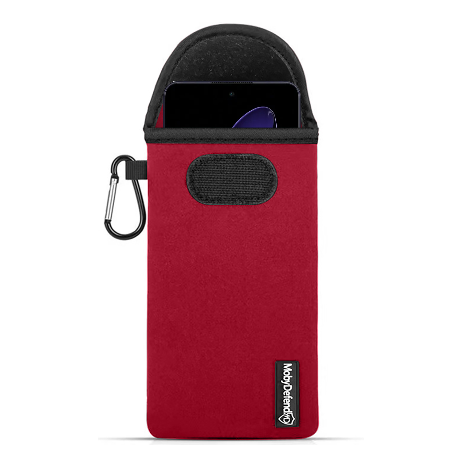 Rode telefoonhoes met karabijnhaak.