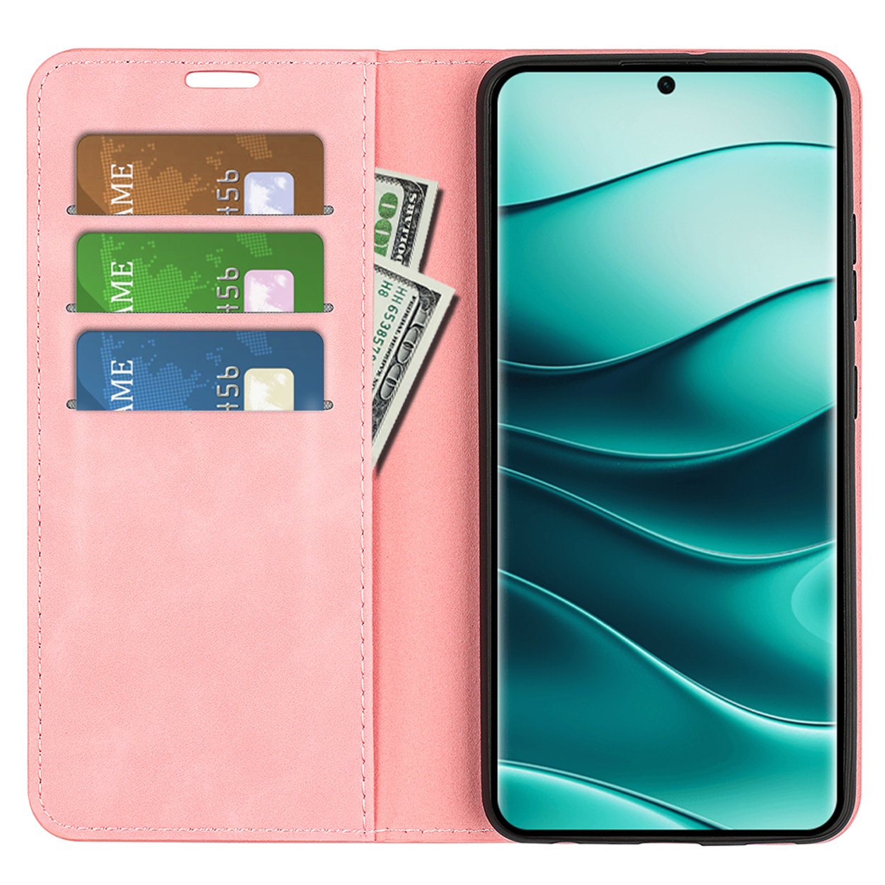 Roze telefoonhoes, met kaarten en contant geld erin. De telefoon toont een turquoise beeld.