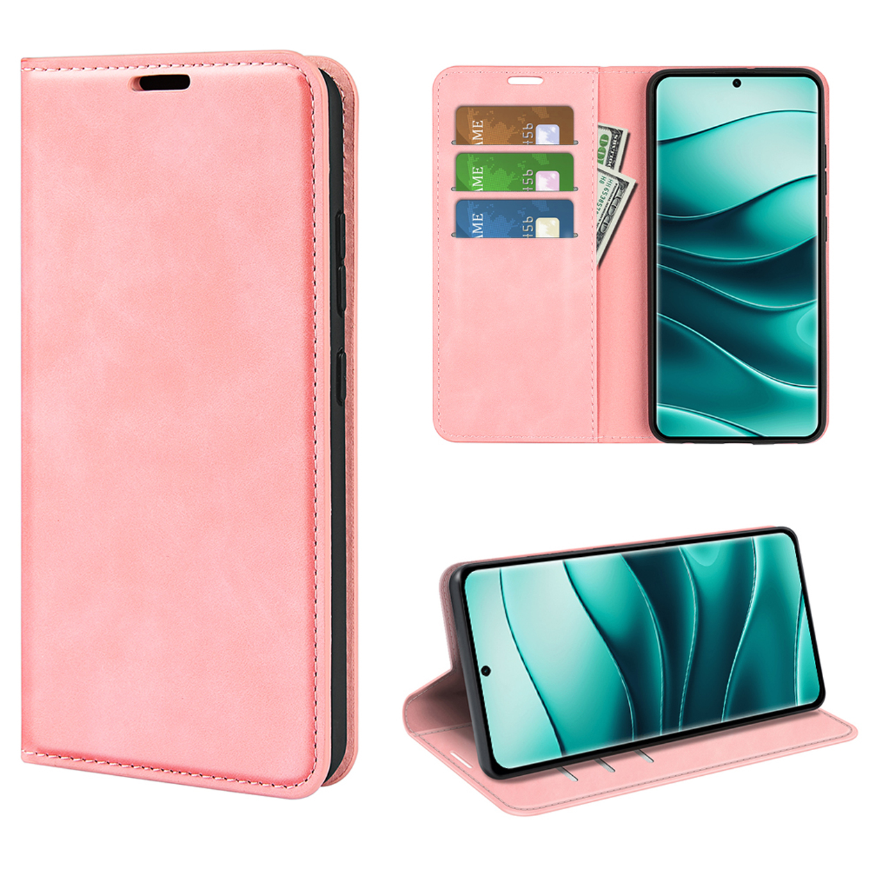 Roze telefoonhoes met telefoon, kaarten en contant geld. Ook een weergave van de open hoes.