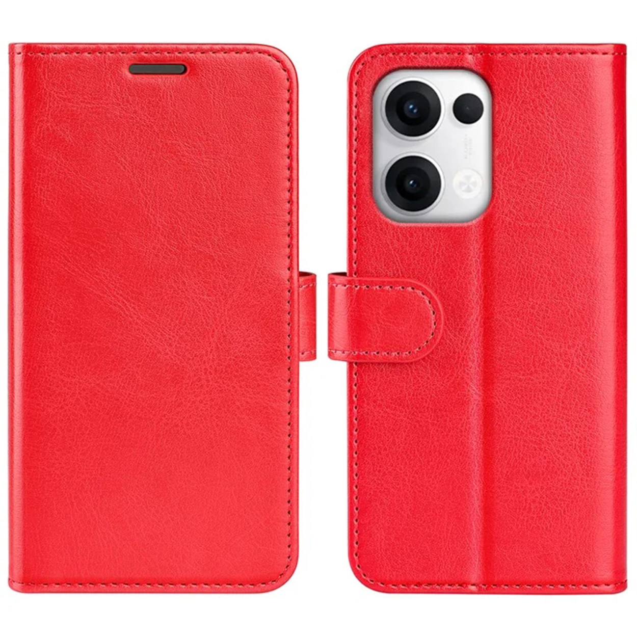 Coque de téléphone rouge, ouverte, montrant un téléphone et des fentes pour cartes et espèces.