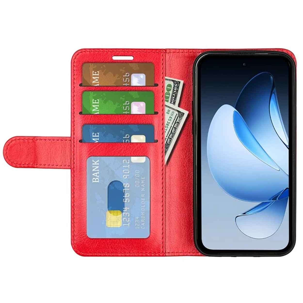 Étui de téléphone rouge ouvert, contenant téléphone et cartes. Cartes et argent.