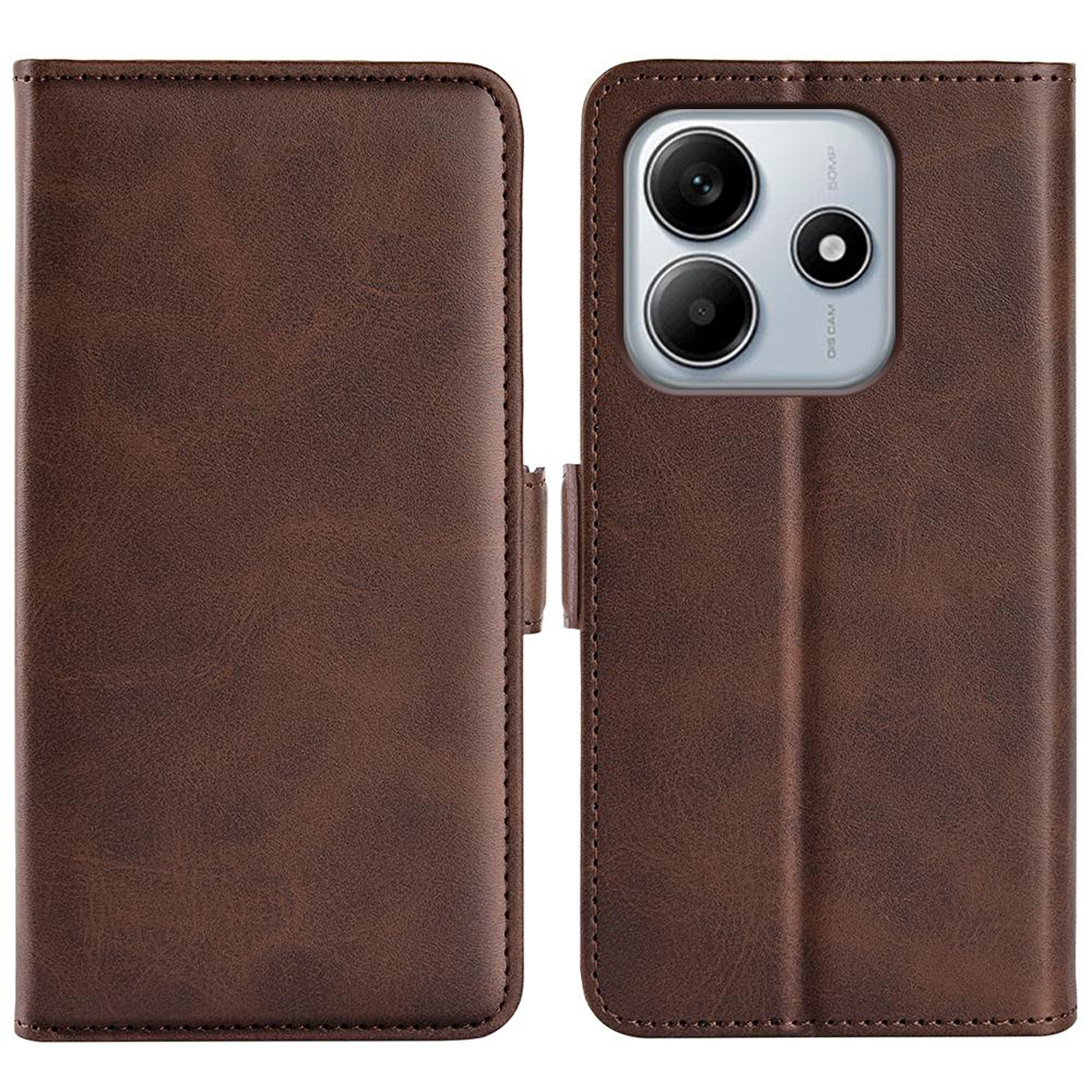 Étui de téléphone marron fermé. Montre l'arrière de l'étui avec l'appareil photo.